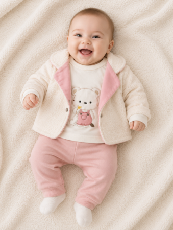 Haine bebe fetite - Costum 3 piese, Cu jacheta, Roz cu bej