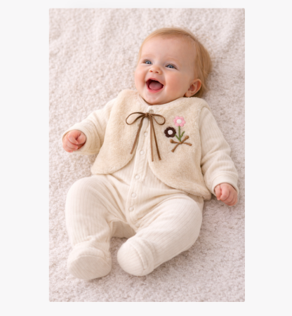 Salopete - Costumas bebe, 2 piese, cu vestuta, bej