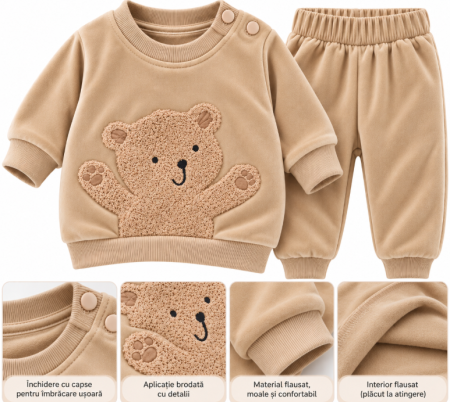 Haine bebe fetite - Costumaș bebeluși, 2 piese, din material flaușat cu ursuleț, Bej