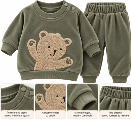 Haine bebe baietei - Costumaș bebeluși, 2 piese, din material flaușat cu ursuleț, Kaki