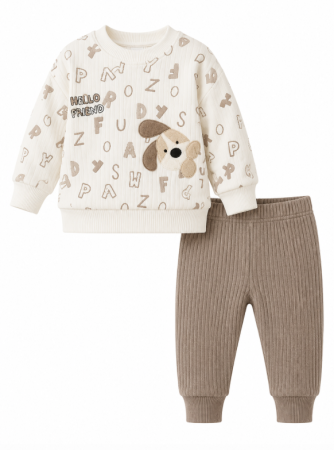 Haine bebe baietei - Costumas copii, 2 piese, Bumbac pieptanat, Model Catelus, Bej