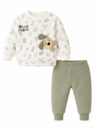 Haine bebe baietei - Costumas copii, 2 piese, Bumbac pieptanat, Model Catelus, verde