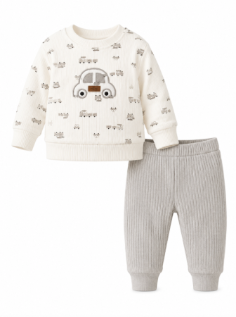 Haine bebe baietei - Costumas copii, 2 piese, Bumbac pieptanat, Model masinuta, Gri