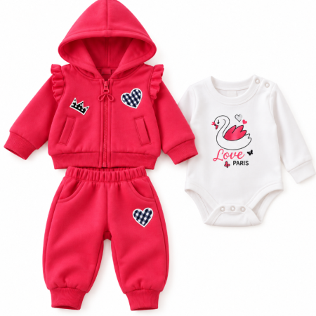 Haine bebe fetite - Costumaș vătuit pentru bebe, 3 piese, cu body cu mânecă lungă, French girl