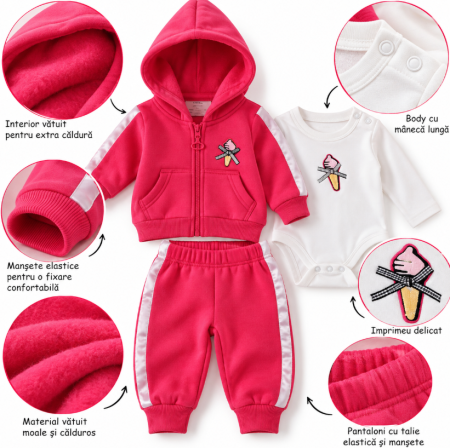 Haine bebe fetite - Costumaș vătuit pentru bebe, 3 piese, cu body cu mânecă lungă, Ice Cream