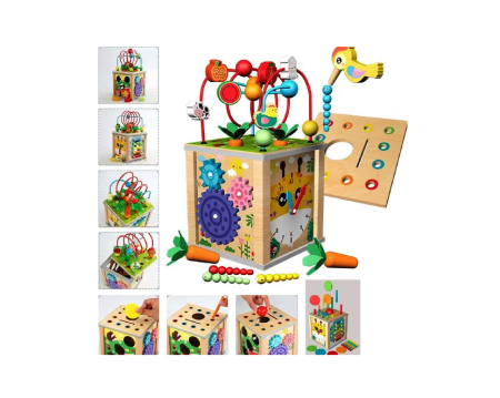 Jucarii interactive bebe - Cub Montessori din lemn, 10 activitati in 1