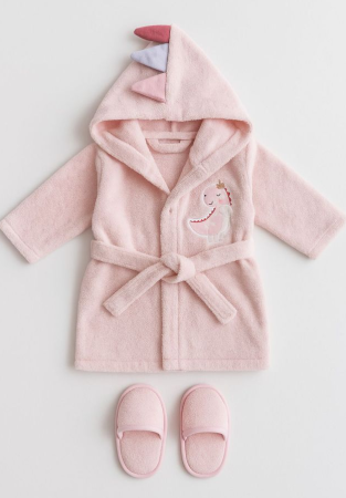 Haine bebe fetite - Halat de baie, cu gluga si papucei, Capison animalut, Roz