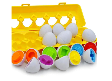 Jucarii interactive bebe - Joc de sortare si potrivire forme si culori, Set de 12 oua de sortare geometrica, multicolor