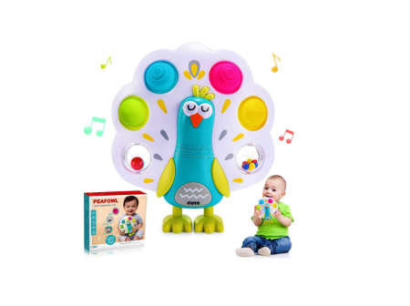Jucarii interactive bebe - Jucarie motrica pentru bebe Paun cu pop-it pentru digitatie