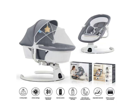 Balansoare si Leagane - Leagan Electric, Balansoar si patut pentru bebelusi , 3 Trepte Balans, Muzical, Conexiune Bluetooth, Telecomanda, Jucarii de Plus, Cu Acoperis Rabatabil si Plasa insecte