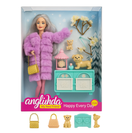 Papusi, plusuri, zane si figurine - Papusa cu articulatii mobile, Cu catel si mobilier