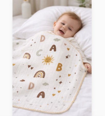Noutati - Păturica muselină pentru bebeluși, model ABC