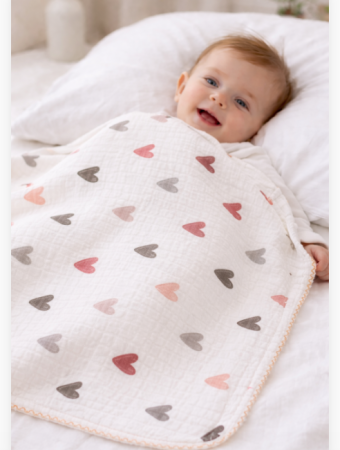 Noutati - Păturica muselină pentru bebeluși, model inimioare colorate
