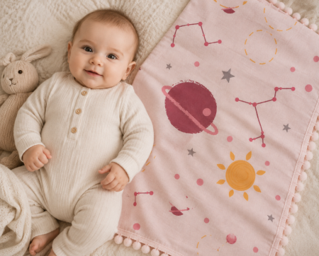 Noutati - Păturică premium din muselină cu ciucurei, Bebe astronaut