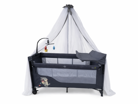 Patut bebe - Patut bebelusi, L-Sun, cu laterala culisanta, pliabil, include masa de infasat, cu baldachin si jucarie carusel, Albastru