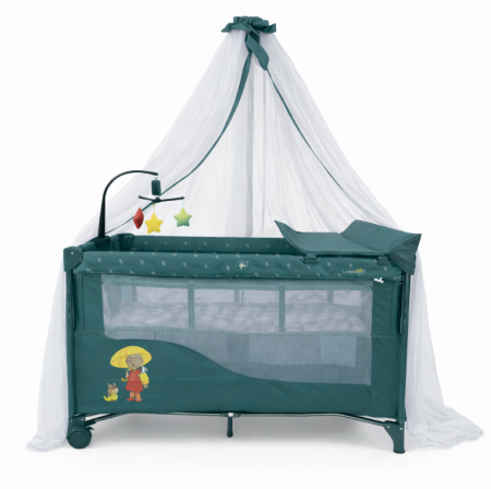 Patut bebe - Patut bebelusi, L-Sun, cu laterala culisanta, pliabil, include masa de infasat, cu baldachin si jucarie carusel, Verde