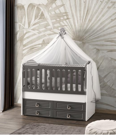 Patut din lemn - Patut cu leganare si lat. culisabila MyKids Olivia Alb Gri 130x70