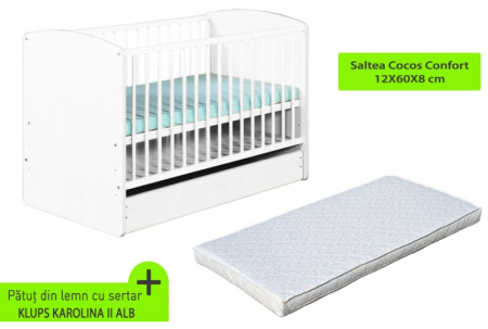 Patut din lemn - Patut cu sertar KLUPS Karolina II Alb + Saltea 8 MyKids Confort II