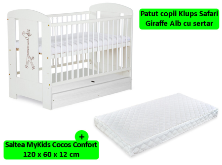 Patut din lemn - Patut cu sertar KLUPS Safari Giraffe Alb + Saltea 12 MyKids Confort II