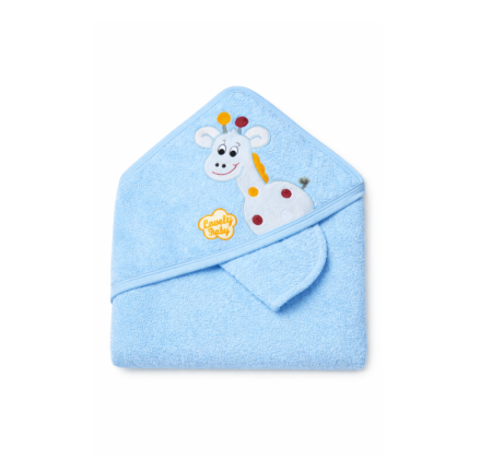 Haine bebe baietei - Prosop cu glugă pentru bebeluși, albastru, cu broderie girafă