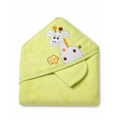 Prosop de baie - Prosop cu glugă pentru bebeluși, verde, cu broderie girafă