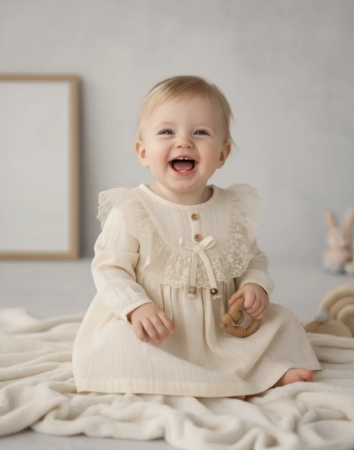 Haine fete - Rochita muselina cu detalii din dantela, Bej