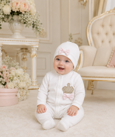 Salopete - Salopeta bebe, cu coronita, Model Regal, roz Uni