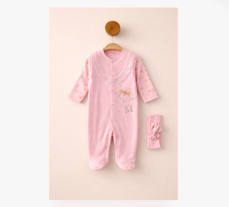 Veste bebe - Salopeta cu bentita asortata, Caprioara cu coronita de flori