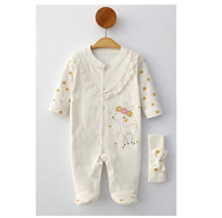 Salopete - Salopeta cu bentita asortata, Caprioara cu coronita de flori, Alb