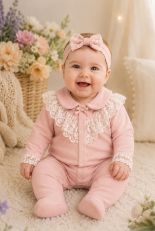 Haine bebe fetite - Salopeta cu bentita, Cu broderie, roz pudrat