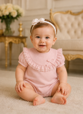 Haine bebe fetite - Salopeta Floarea soarelui, broderie, roz pudra