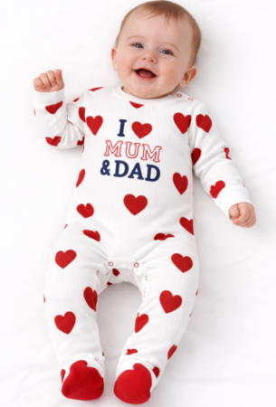 Haine bebe baietei - Salopetă pentru bebeluși din bumbac moale, albă, cu imprimeu "I ❤️ Mum & Dad", 0-3 luni