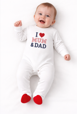 Salopete - Salopetă pentru bebeluși din bumbac moale, albă, cu imprimeu plus"I ❤️ Mum & Dad", 0-3 luni