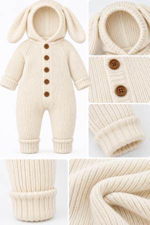 Combinezoane - Salopetă tricotată pentru bebeluși cu glugă și urechi, alb