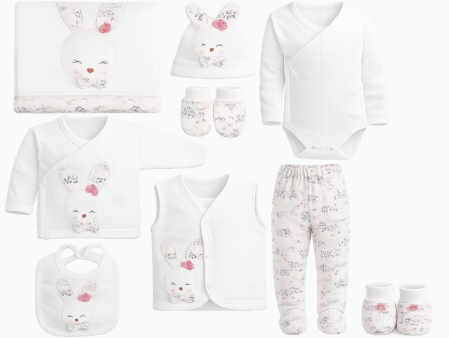 Costumase - Set 10 piese, fetita iepuras, 0-3 luni, alb