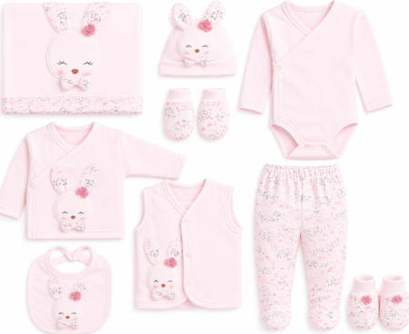 Haine bebe fetite - Set 10 piese, fetita iepuras, 0-3 luni, roz