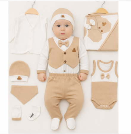 Costum botez - Set 10 piese, Nou născut Con con 0-3 Luni, Bumbac 100%, Luxury Smoking, Bej