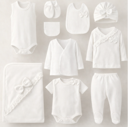 Hainute bumbac organic - Set 10 piese, Nou născut Con con 0-3 Luni, Bumbac organic, Volant, Alb