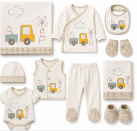 Haine bebe baietei - Set 10 piese, pentru baieti, masinuta, 0-3 luni
