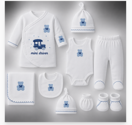 Haine bebe baietei - Set 10 piese, pentru baieti, Micul sofer, 0-3 luni