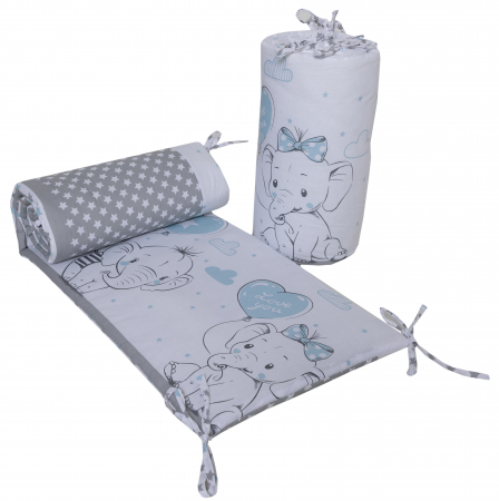 Aparatoare protectie patut - Set 2 protectii, aparatoare, bumbac patut copii, bebelusi, beberoyal 180x35 cm, Love Elephants Blue