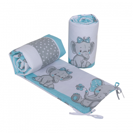 Aparatoare protectie patut - Set 2 protectii, aparatoare, bumbac patut copii, bebelusi, Elefant&Birds Blue, beberoyal 180x35 cm, Elephants&Birds Blue