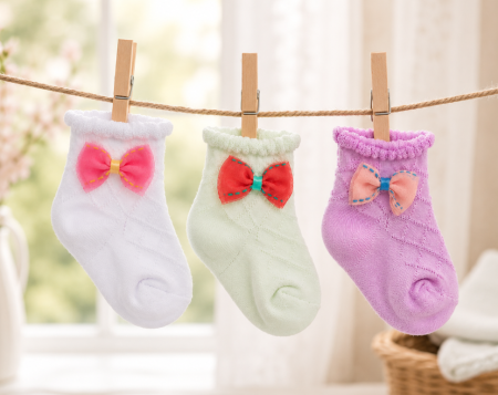 Ciorapi - Set 3 perechi șosete bebe cu fundiță decorativă - confort și delicatețe pentru cei mici