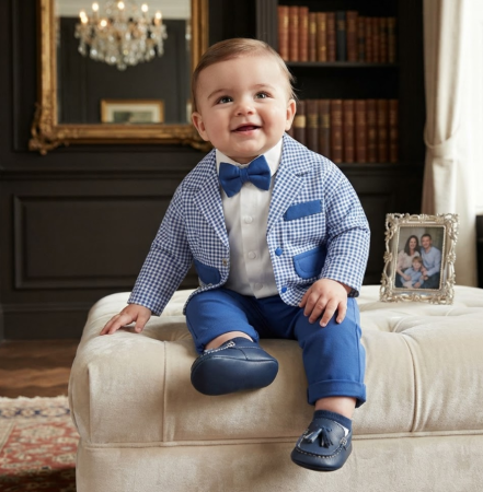 Costum botez - Set 3 piese, costum elegant usor matlasat, cu papion, Albastru