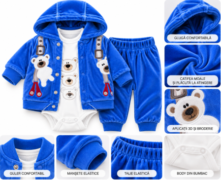 Haine bebe baietei - Set 3 piese din catifea pentru bebeluși - Hanorac cu glugă, pantaloni și body, Ursuletul cu bretele