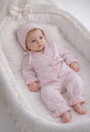 Noutati - Set 3 piese, din muselina cu accesorii brodate, Roz, 0-3 luni