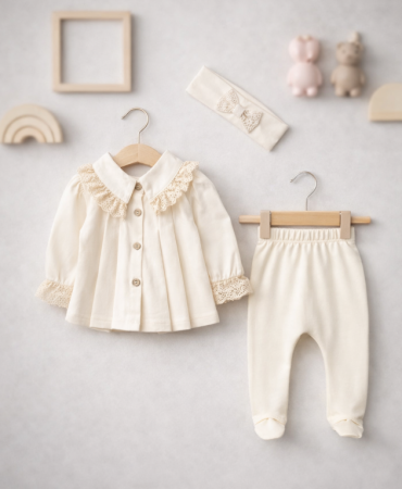 Haine bebe fetite - Set 3 piese, Model Vintage, Cu accesorii din dantela, deschidere pe piept, 0-3 luni