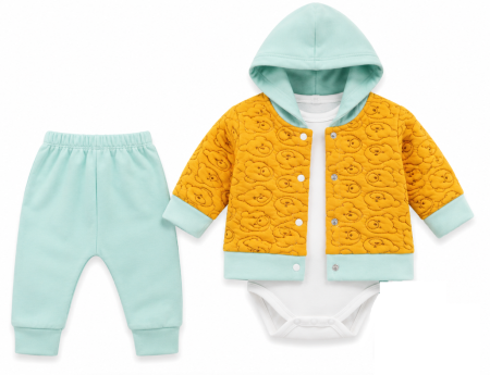Noutati - Set 3 piese pentru bebeluși - body, pantaloni și geaca cu gluga, Galben