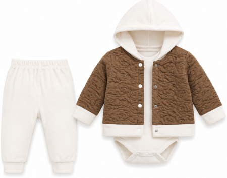Noutati - Set 3 piese pentru bebeluși - body, pantaloni și geaca cu gluga, Maro