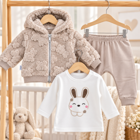 Haine bebe baietei - Set 3 piese pentru bebeluși - Geaca cu glugă, pantaloni și bluză cu mânecă lungă, Cappuccino